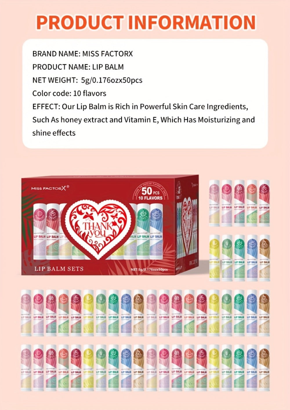 Fruit Flavored Lip Gloss Set 50 Pieces – Moisturizing Lip Balm Kit in 10 Colors, Hydrating Lip Care for Dry & Cracked Lips, Day & Night Use