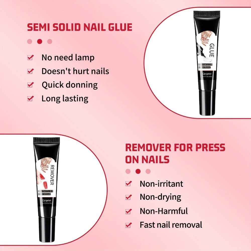 Press-On Nail Glue & Remover Kit 4pcs – 2x Semi-Solid Gel Nail Glue 10g + 2x Nail Polish Remover 10ml, Quick-Drying No-Lamp Strong Bond
