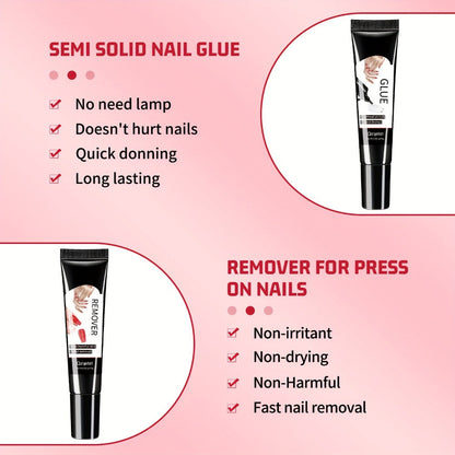Press-On Nail Glue & Remover Kit 4pcs – 2x Semi-Solid Gel Nail Glue 10g + 2x Nail Polish Remover 10ml, Quick-Drying No-Lamp Strong Bond