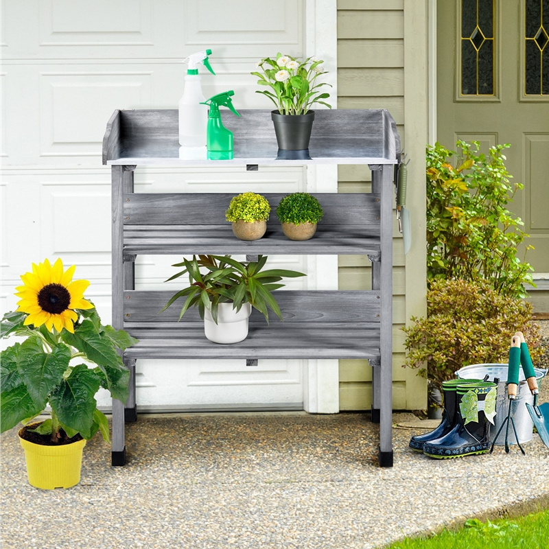 Rolling Potting Bench 3-Tier Wooden Garden Workstation Waist-High Galvanized Metal Top Lockable Casters for Garden, Patio and Yard Use