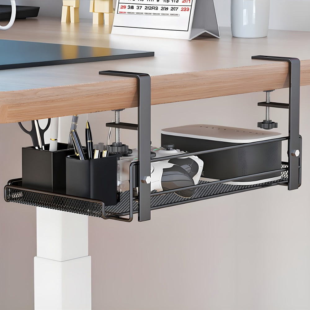 Clamp-On Cable Management Tray No Drill, Under Desk Wire Organizer Alloy Steel Mesh Holds, Fits 0.4"-2.4" Desks