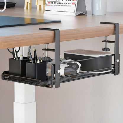 Clamp-On Cable Management Tray No Drill, Under Desk Wire Organizer Alloy Steel Mesh Holds, Fits 0.4"-2.4" Desks