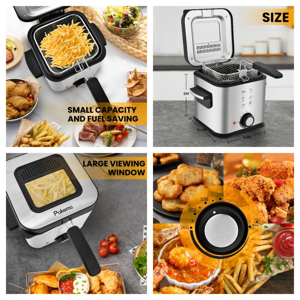 1500W Black Deep Fryer with 1.5L or 2.5L Capacity, Windowed Removable Lid and Temperature Dial