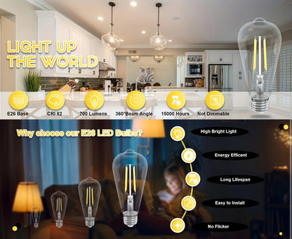 LED Edison Bulbs ST64 6 Pack 6W 60W Equivalent - E26 Vintage Filament Globe Bulb 700LM Flicker-Free Non-Dimmable