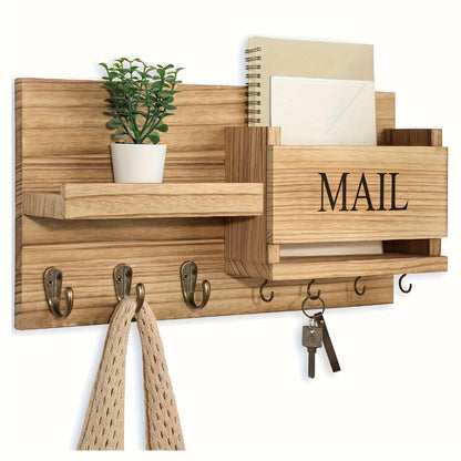 Wall Mounted Storage Rack with Mail Slot – Rustic Wood Floating Shelf with Hooks for Keys, Hats & Envelopes
