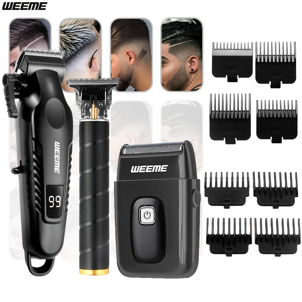 Men's Grooming Barber Haircut Set 2 & 3 Piece – Professional Hair Clipper USB Rechargeable T-Blade Trimmer Razor with 8 Limit Combs Complete