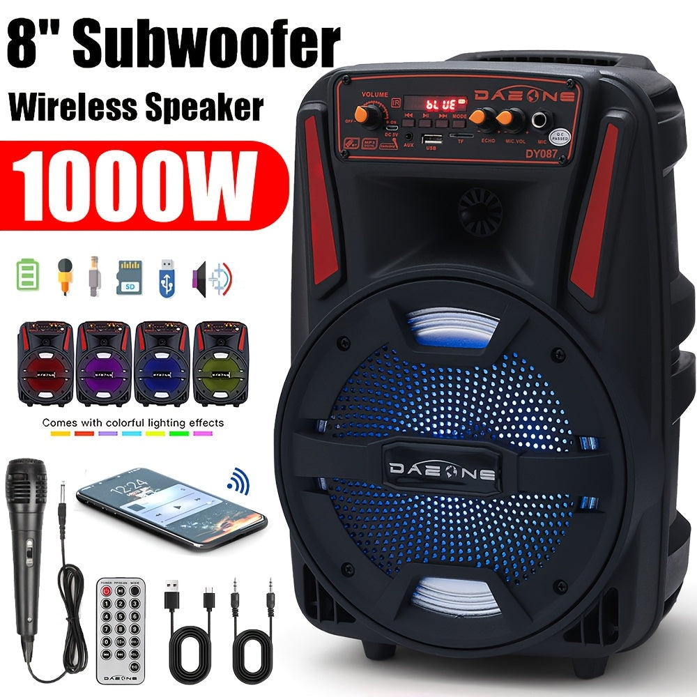 1000W Portable Party Speaker with 8-Inch Woofer, Karaoke Microphone, RGB Lights, Bluetooth, FM, USB & TWS