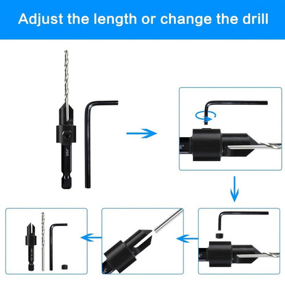 5pcs Countersink Drill Bit Set #4 #6 #8 #10 #12 Tapered with 1/4" Hex Shank Quick-Change for Entryways, Bedrooms and Living Spaces