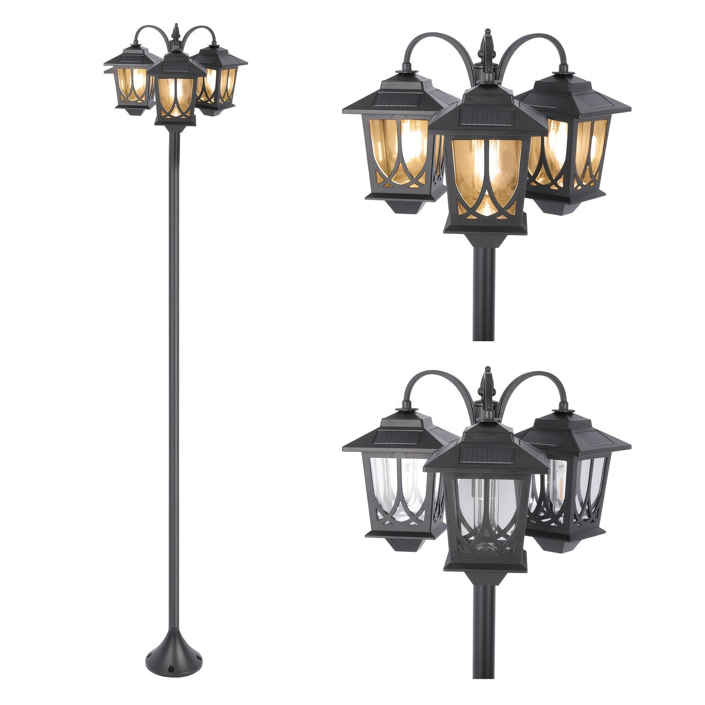 Three-Head Solar Lamp Post, Up to 73 Inches with Four Height Settings and 3000K Light Label
