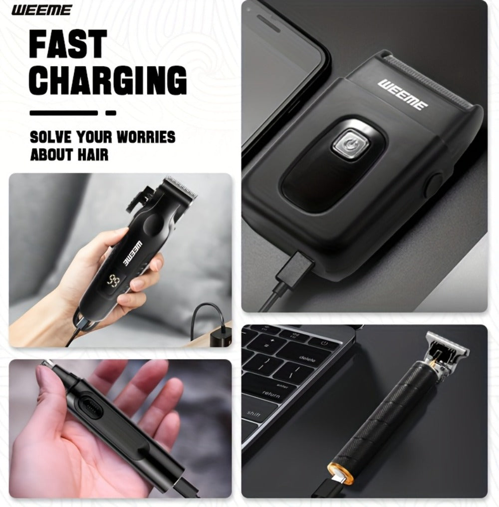 Zinc Alloy Men's Grooming Kit – USB Rechargeable Hair Clipper, Nose Trimmer, Electric Shaver & Detail Trimmer Set, 3500mAh Battery