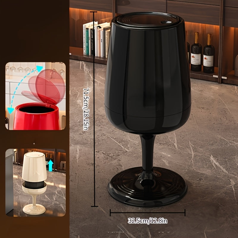 Wine Glass-Shaped Trash Can with Press Lid, 28.15-Inch Height and Red, Cream White or Black Finish