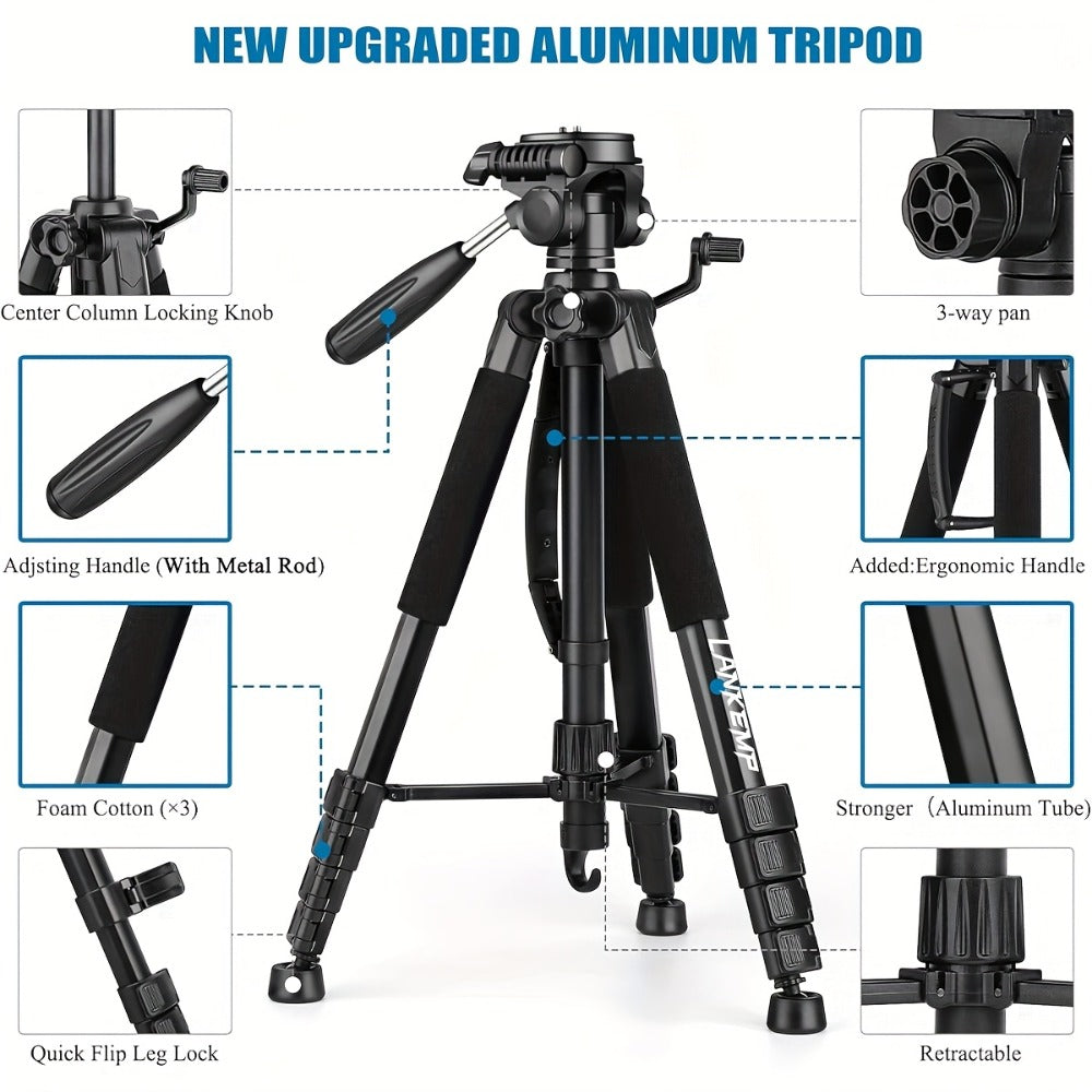 74-Inch Aluminum Camera Tripod in Black with Three-Way Pan Head, Two Quick-Release Plates, Phone Clip and Carry Bag
