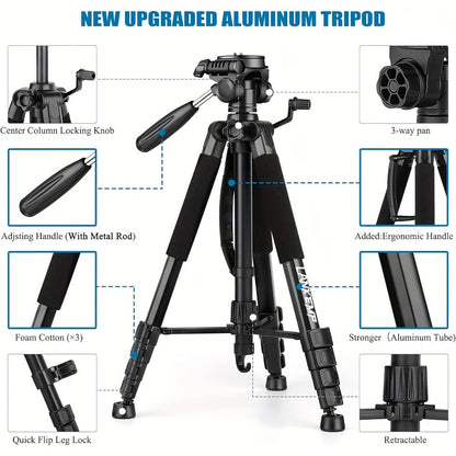 74-Inch Aluminum Camera Tripod in Black with Three-Way Pan Head, Two Quick-Release Plates, Phone Clip and Carry Bag