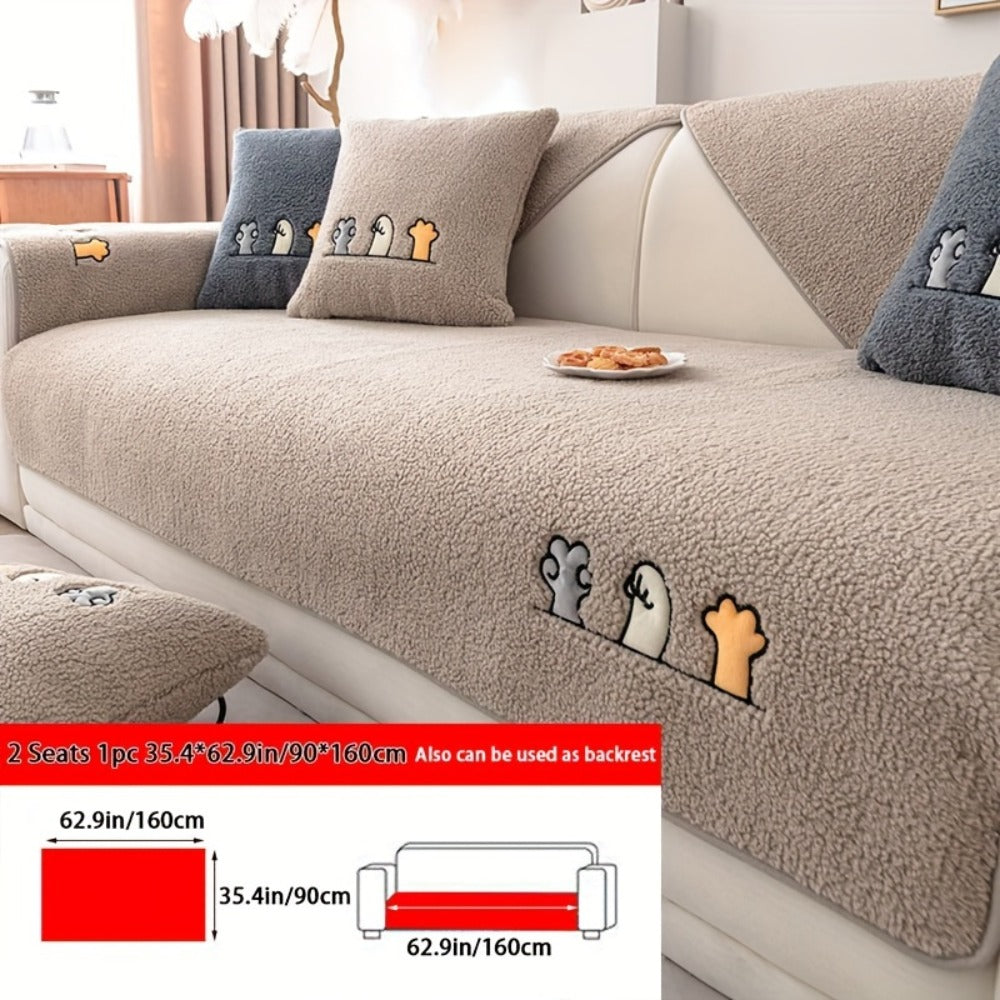 Sofa Cover Thick Plush Shearling Panels with Animal and Bone Embroidery and Backing Detail for 2 to 4 Seats