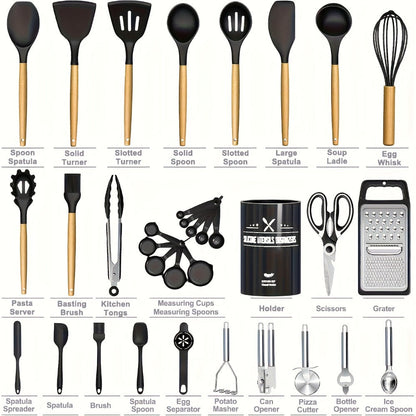 Silicone Kitchen Utensils Set 45pcs, Cooking Utensils for Nonstick Cookware, Stainless Steel Handle Spatulas