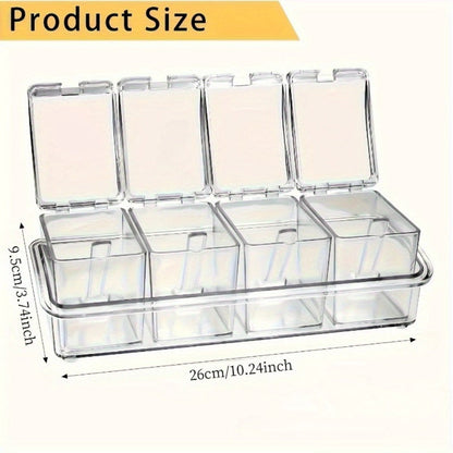 Four-Grid Clear Spice Box Set with Individual Flip-Top Lids, Shared Base, Four Compartments and 26cm Length