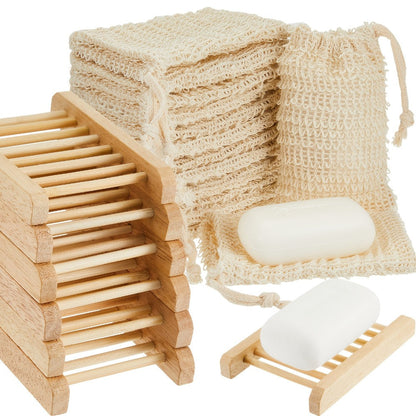 Soap Exfoliating Mesh Bag with Wooden Holder Set 60 Pcs, Natural Sisal Bath Scrubber Bags & Rectangle Wood Soap Dish for Shower