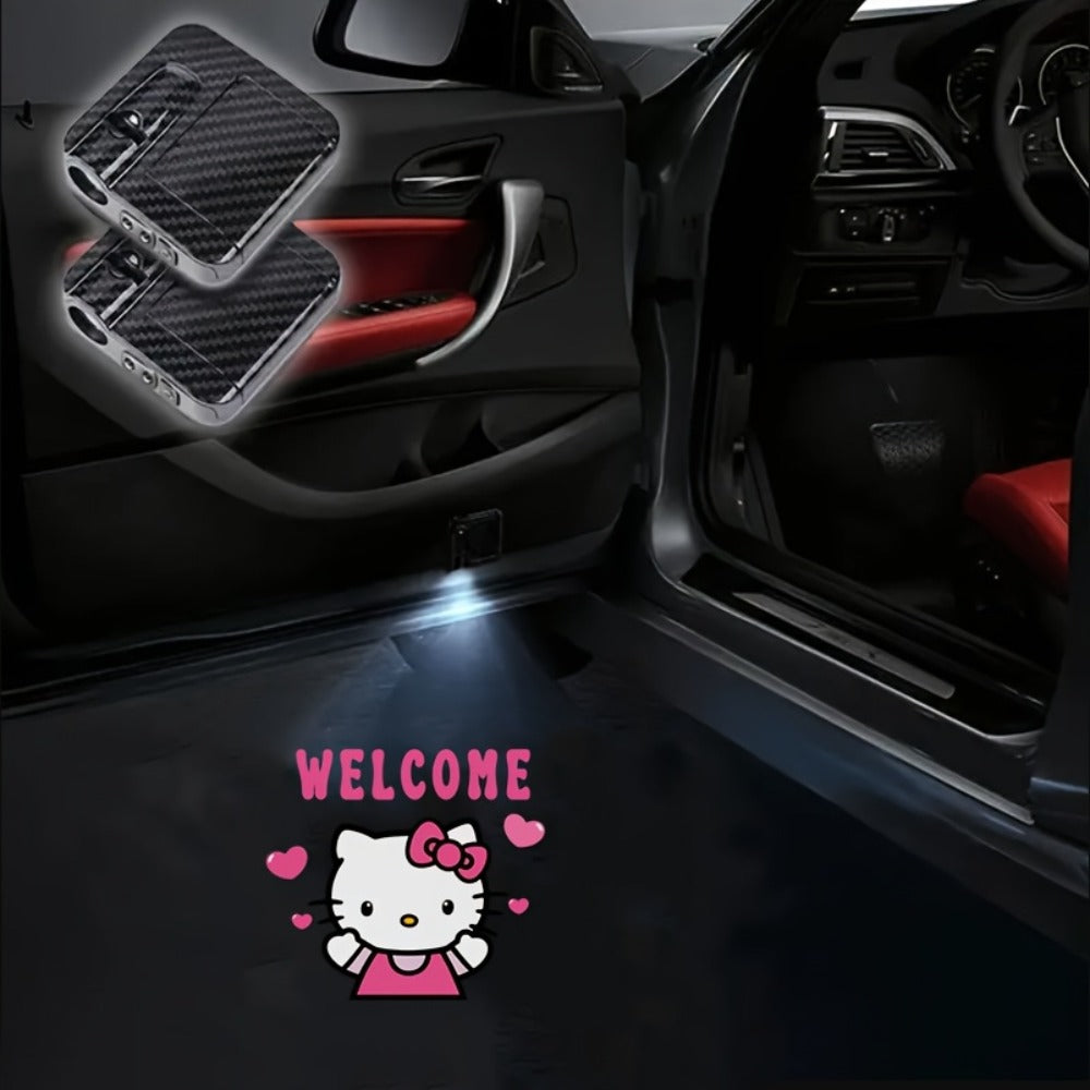 Car Door LED Projector Lights – Hello Kitty Cartoon Shadow Light, Wireless Puddle Light, Ground Projection Lamp for Car Accessories (Set