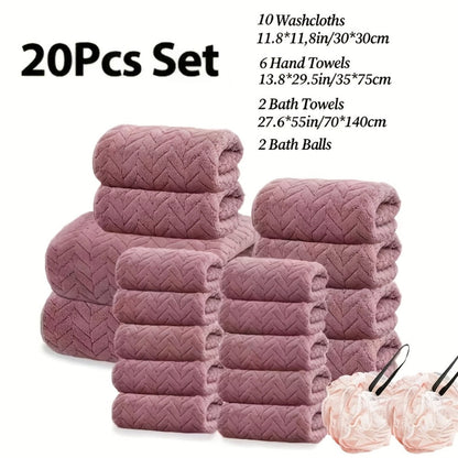 Bath Towels Set 18 or 20 Piece Coral Fleece Mix with Washcloths and Bath Ball in Multiple Colors