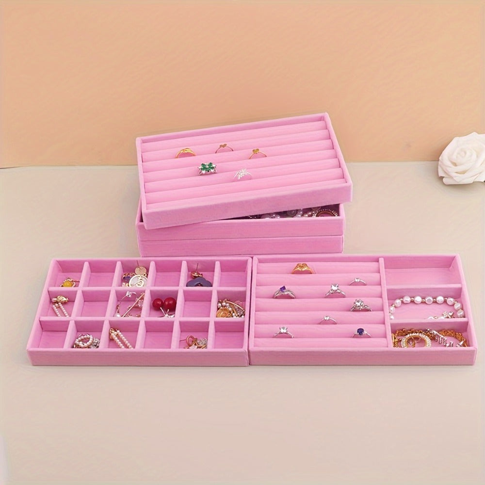 Stackable Jewelry Organizer Trays 6-Piece Set – Rectangular Multi-Compartment Drawer Inserts with Removable Dividers for Earrings, Rings