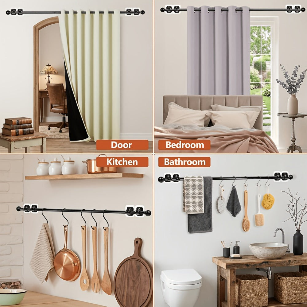 No-Drill Curtain Rod Set with Adhesive Brackets Renter Friendly 5/8 Inch Adjustable Window for Entryways, Bedrooms and Living Spaces