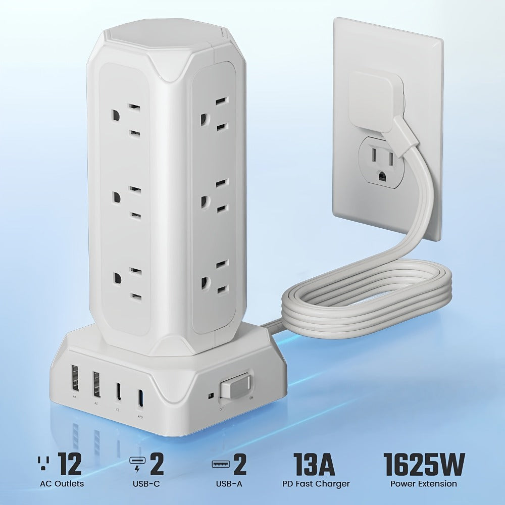 Power Strip Tower 16-in-1 Surge Protector 12 AC Outlets 4 USB Ports USB-C PD20W 1800J Protection for an Everyday Personal Care Routine