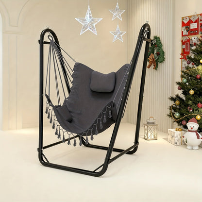 U-Shaped Hammock Chair Stand with Free Hanging Chair, Double Tube Steel Frame, Powder Coat, Side Pocket Included