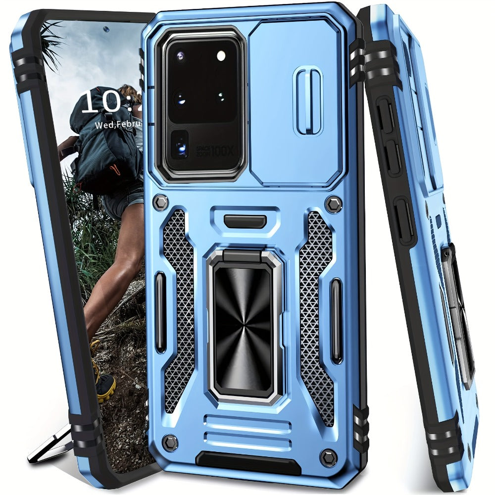 Samsung Galaxy Shockproof Magnetic Phone Case with 360° Rotating Ring Bracket & Sliding Lens Protector – Heavy Duty Cover for S24FE S23FE