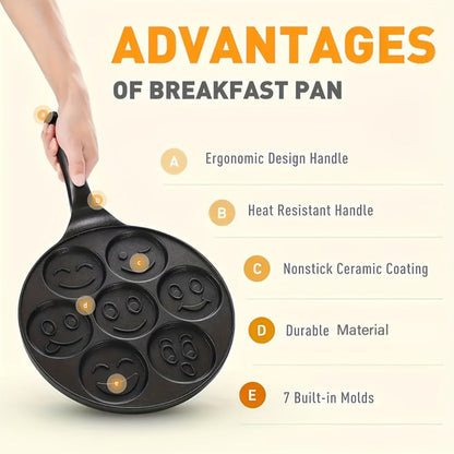 Non-Stick Pancake Pan 7-Hole Smiley Face, Fun Breakfast Egg & Bacon Frying Tray for Kids & Family