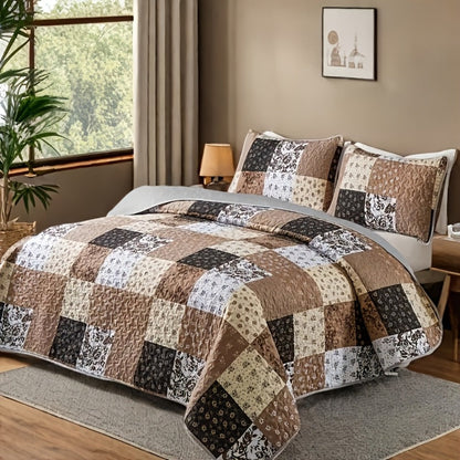 Patchwork Quilted Bedspread Set 3 Piece - 1 Quilt & 2 Pillow Shams All-Season Breathable 100% Polyester Bedding Set for Bedroom Dorm