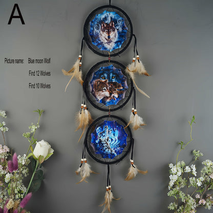 Wolf Dream Catcher Wall Decor with Three Printed Circles, Beads and Feather Accents in Two 6-Inch Styles