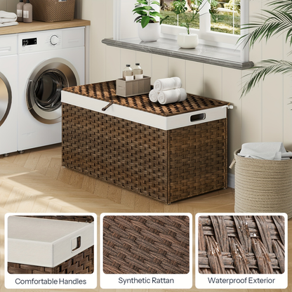 Large Wicker Storage Basket with Lid, Handles, Soft Lining, Metal Frame in a 220L Lidded Format