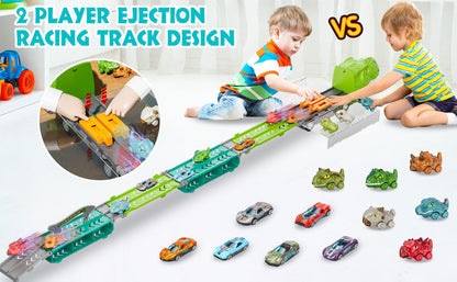 Dinosaur Truck Toys 13-in-1 Transport Carrier with 63-Inch Foldable Race Track, 6 Dino Cars + 6 Die-Cast Cars