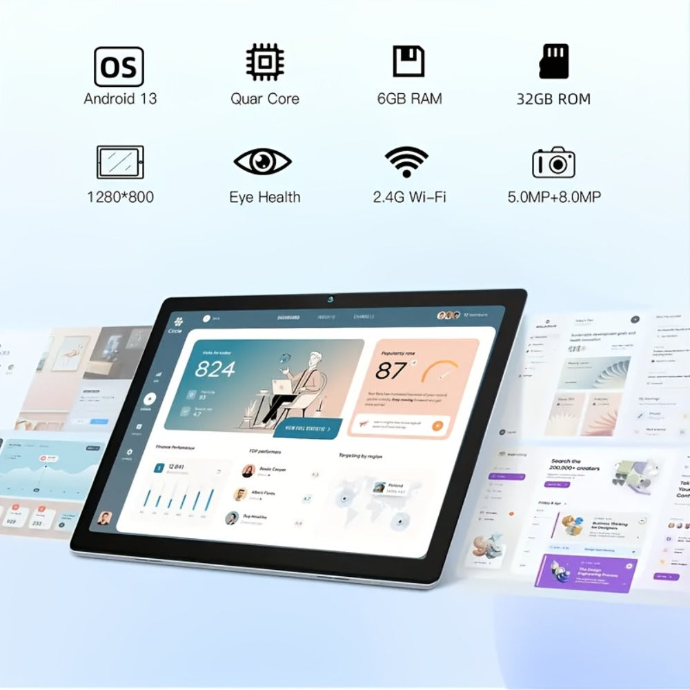 Android Tablet 10-Inch with Android 13, 6GB Advertised Memory, 32GB Internal Storage and Quad-Core CPU