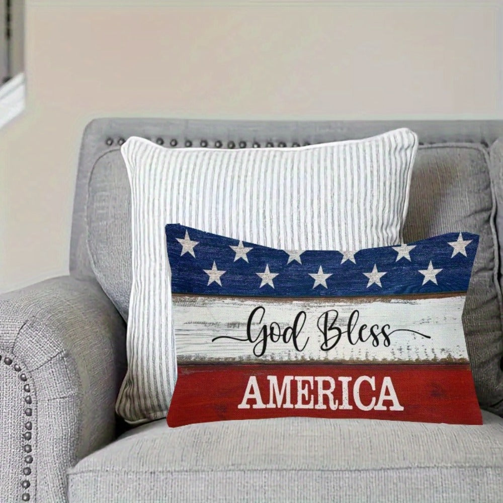 4th of July Throw Pillow Cover 12x20 Inch, God Bless America Patriotic Red White Blue Linen Cushion Case Star Pattern Distressed Wood
