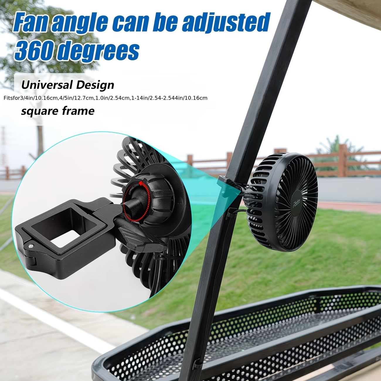 Portable Battery Golf Cart Fan with LED Lantern – 10400mAh Rechargeable, 48H Runtime, 360° Adjustable Head, 3-Speed Remote Control
