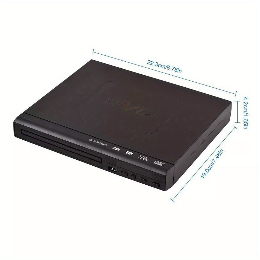 Compact Black DVD Player with RCA Output, USB Port, Remote Control and Approx. 8.78 x 7.09-Inch Body
