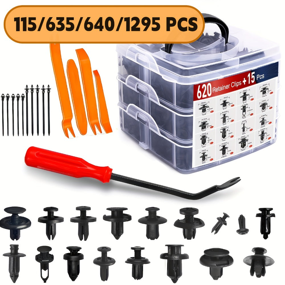 Automotive Push Retainer Clip Kit with 115, 635, 640 or 1290-Piece Options and Pictured Removal Tools