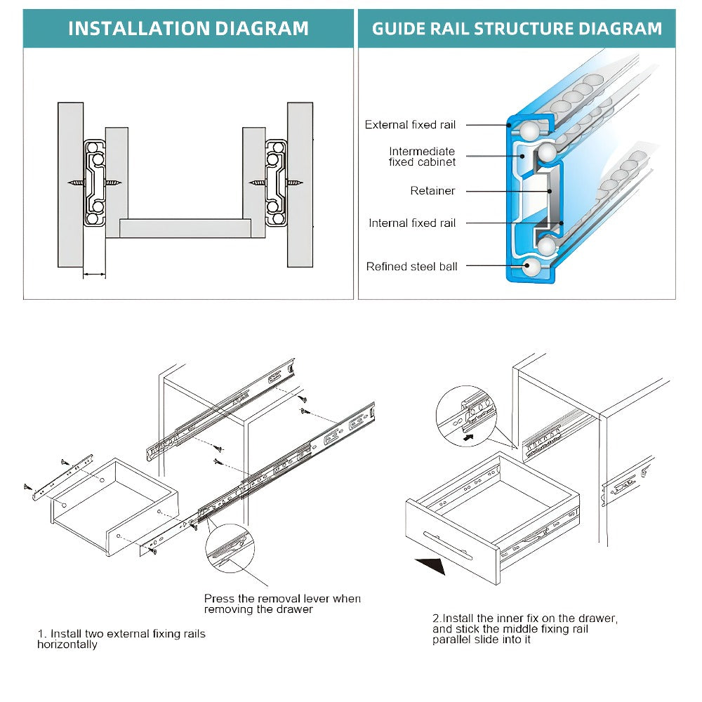 Full Extension Ball Bearing Drawer Slides 2-Pack in 10, 14 or 16-Inch Lengths for Kitchen, Dresser and Office Cabinets