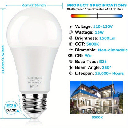 A19 LED Light Bulbs with E26 Base, 13W 1500-Lumen Rating, 3000K or 5000K Light in 12- or 24-Count Packs