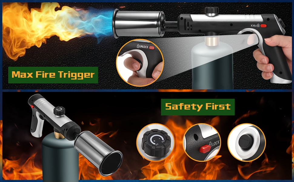 Propane Torch Gun with Safety Lock & One-Touch Max Fire, Adjustable Flame Butane Burner for Searing Steak