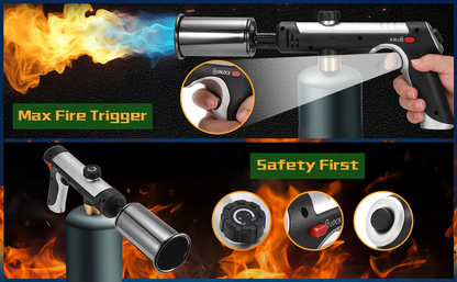 Propane Torch Gun with Safety Lock & One-Touch Max Fire, Adjustable Flame Butane Burner for Searing Steak