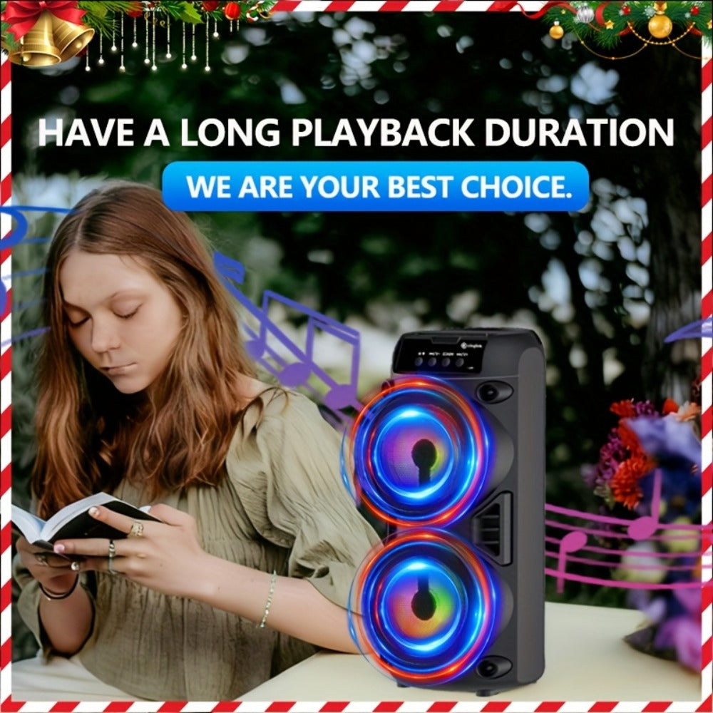 Portable Bluetooth Speaker 10-Inch Model with Dual 4-Inch Drivers, RGB Lights and FM Radio