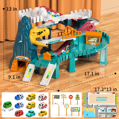 Dinosaur Race Track Toy Set for Kids with 10 Mini Cars & Ramp Launcher with the Listed Color, Size or Set Options for Everyday Use