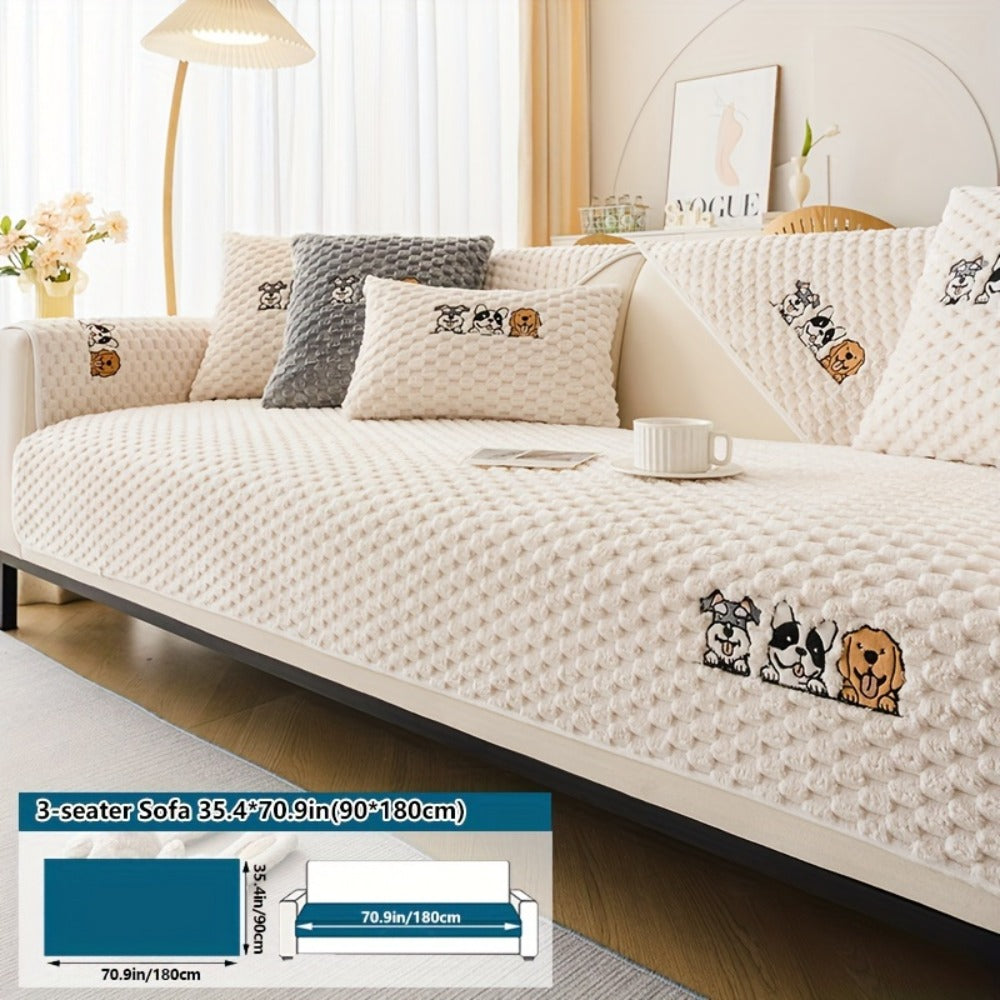 Sofa Cover, Honeycomb Velvet Animal-Embroidered Couch Pad with Backing Detail in Three Colors