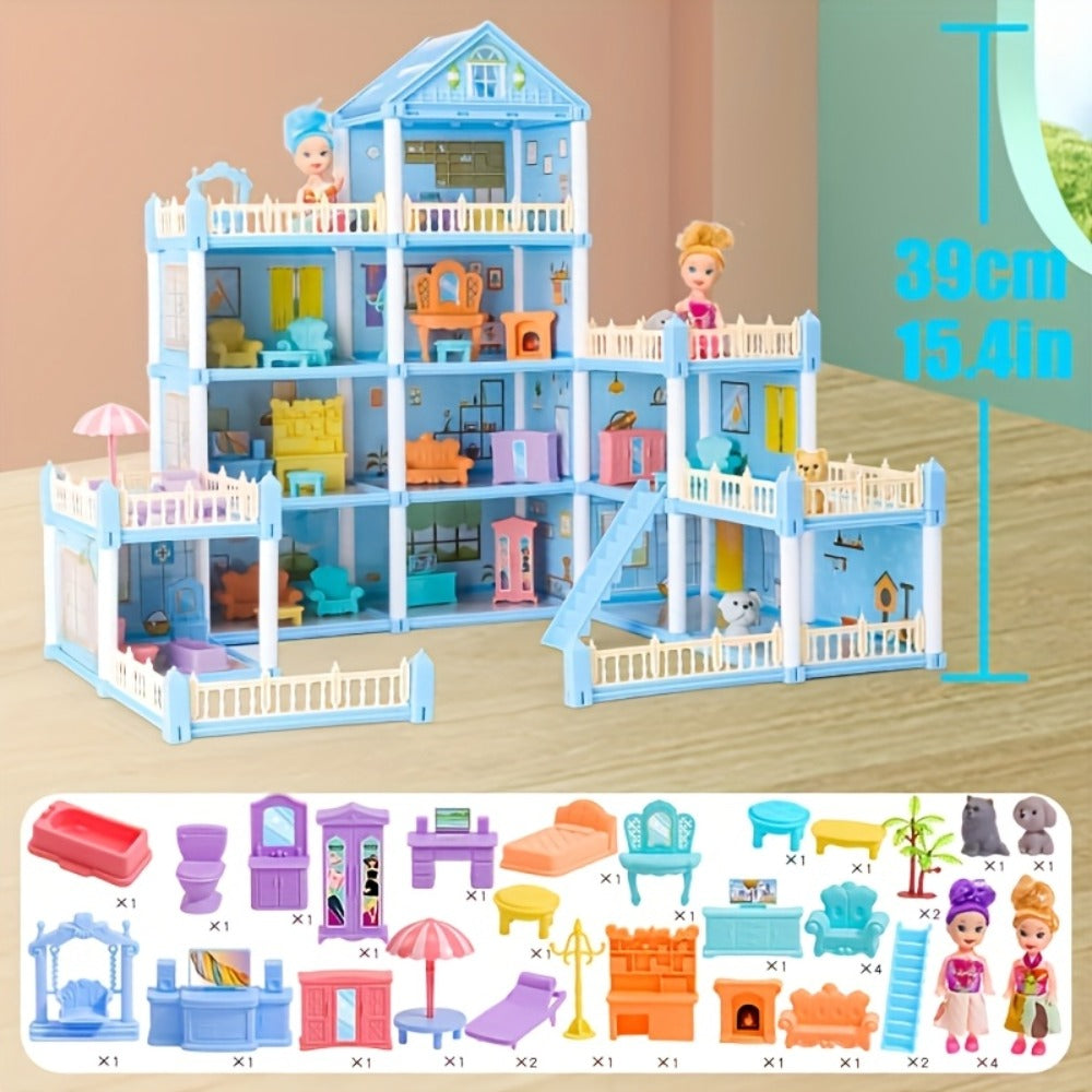 Princess Doll House Castle with Furniture & Accessories, Pink or Blue Mini Villa Playset 14 to 27 Rooms