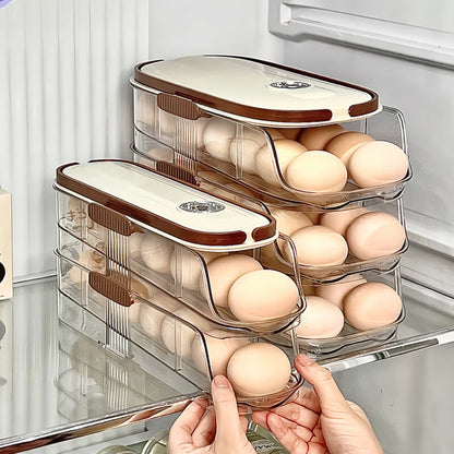 Egg Rack Kitchen Organizer Double-Row Auto-Rolling Dispenser with One, Two or Three Layer Options