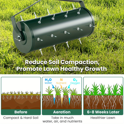 Rotary Lawn Aerator 18" Spike Drum with 27 Galvanized Steel Spikes, Fillable with Sand or Stone