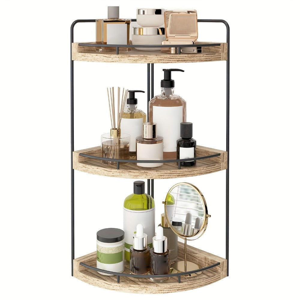 3-Layer Rustic Corner Countertop Storage Rack, 16.93" Wooden Vanity Organizer & Space-Saving Shelf for Bathroom