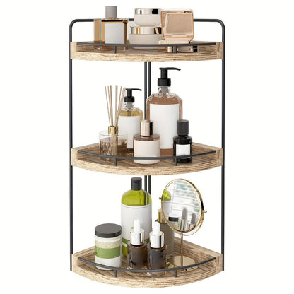 3-Layer Rustic Corner Countertop Storage Rack, 16.93" Wooden Vanity Organizer & Space-Saving Shelf for Bathroom